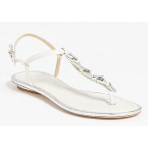 B. Brian Atwood Leather Crickett Silver Arrowhead T Strappy Sandal Size 6.5 Flat